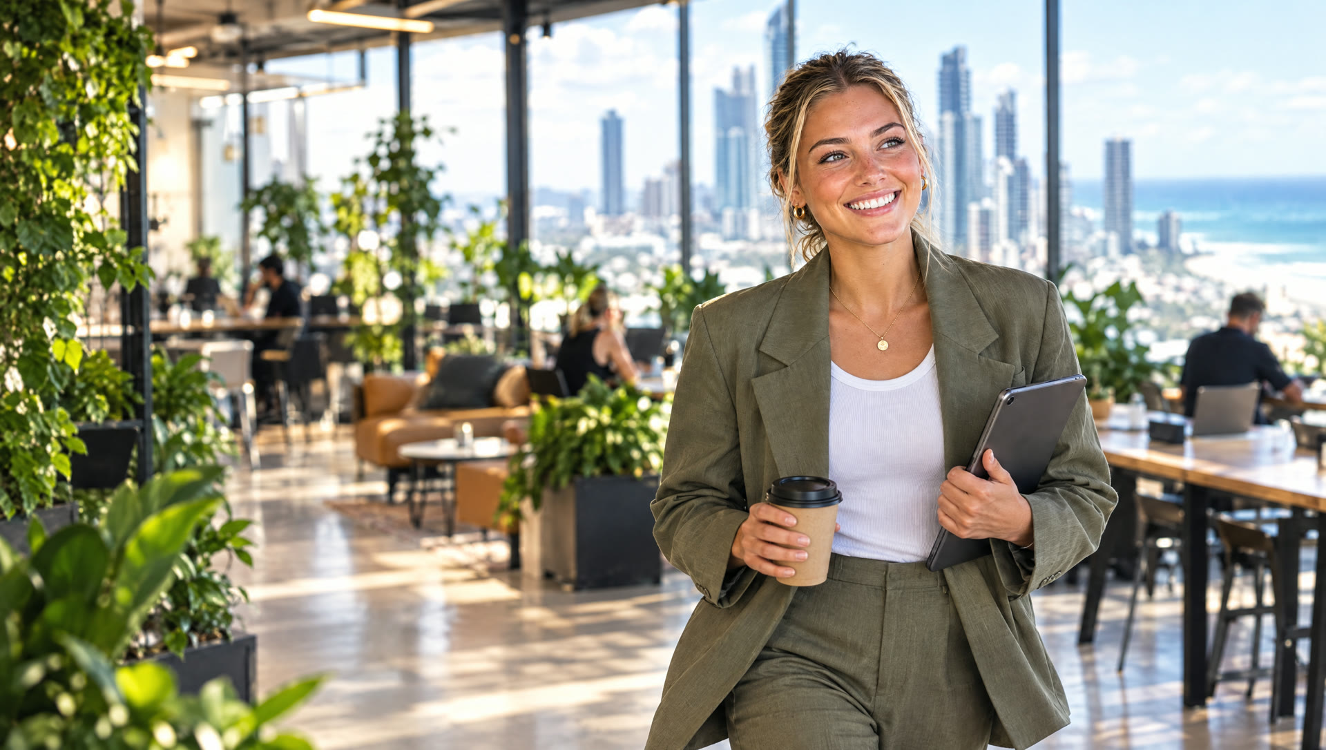 Stacey, in an olive suit, walking through a bright open-plan office with a coffee and a tablet