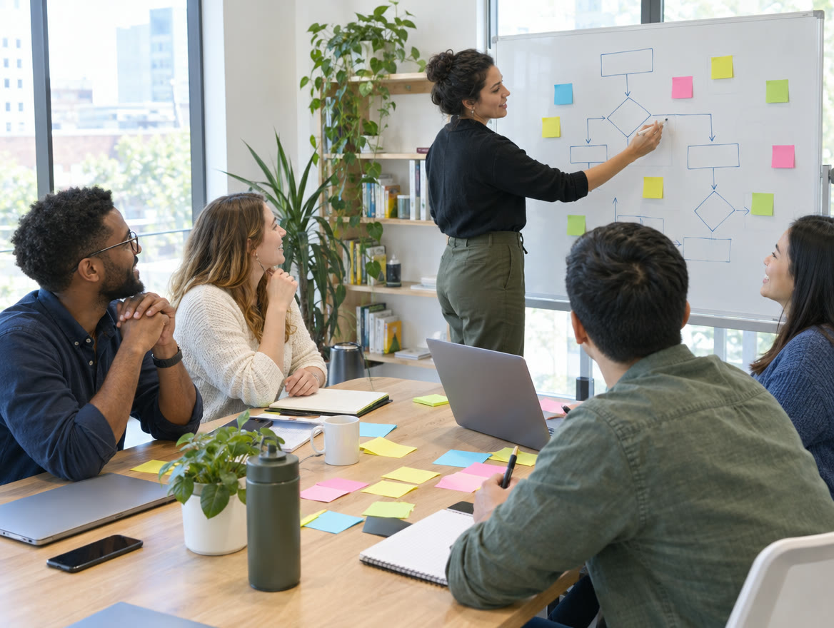 A consultant mapping a workflow on a whiteboard with a small team