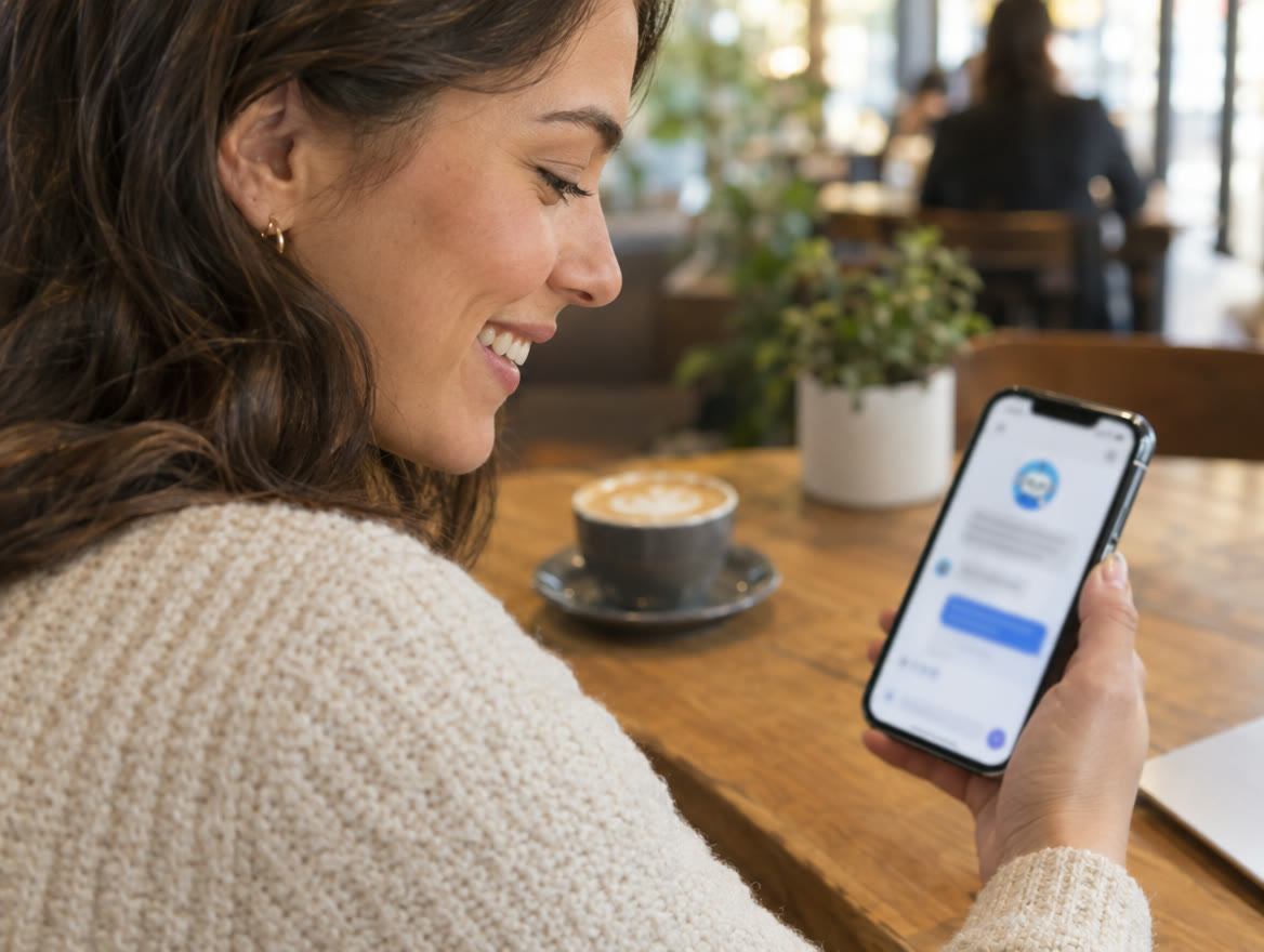 A customer chatting with a website assistant on her phone