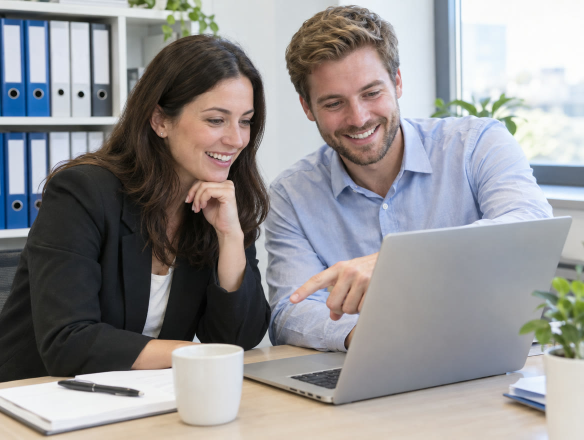 Two colleagues searching a document on a laptop