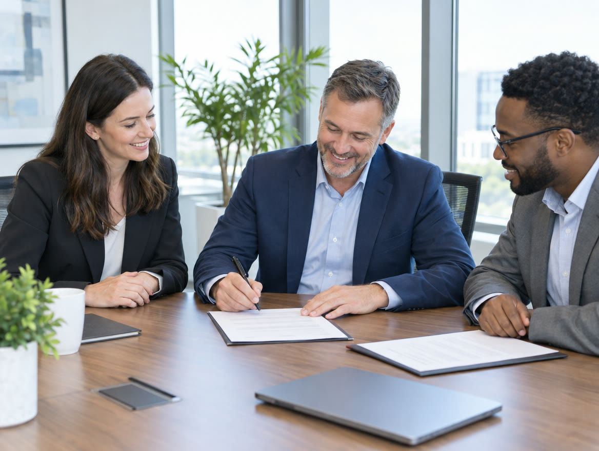 Three people signing off a policy document at a meeting table