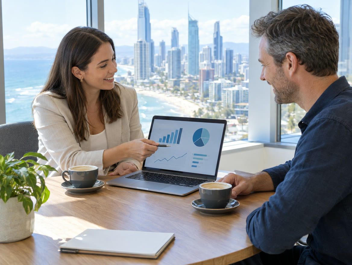 A consultant reviewing a monthly report with a client