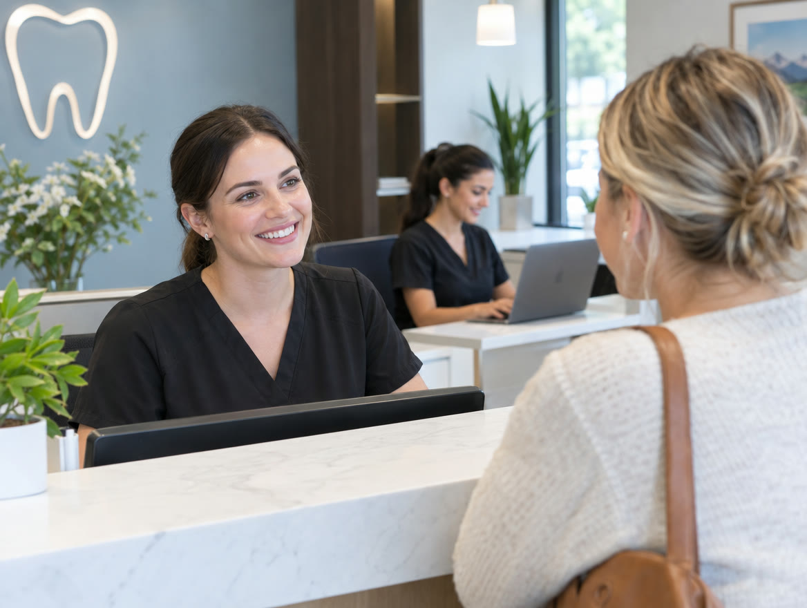 A dental clinic front desk with a patient checking in