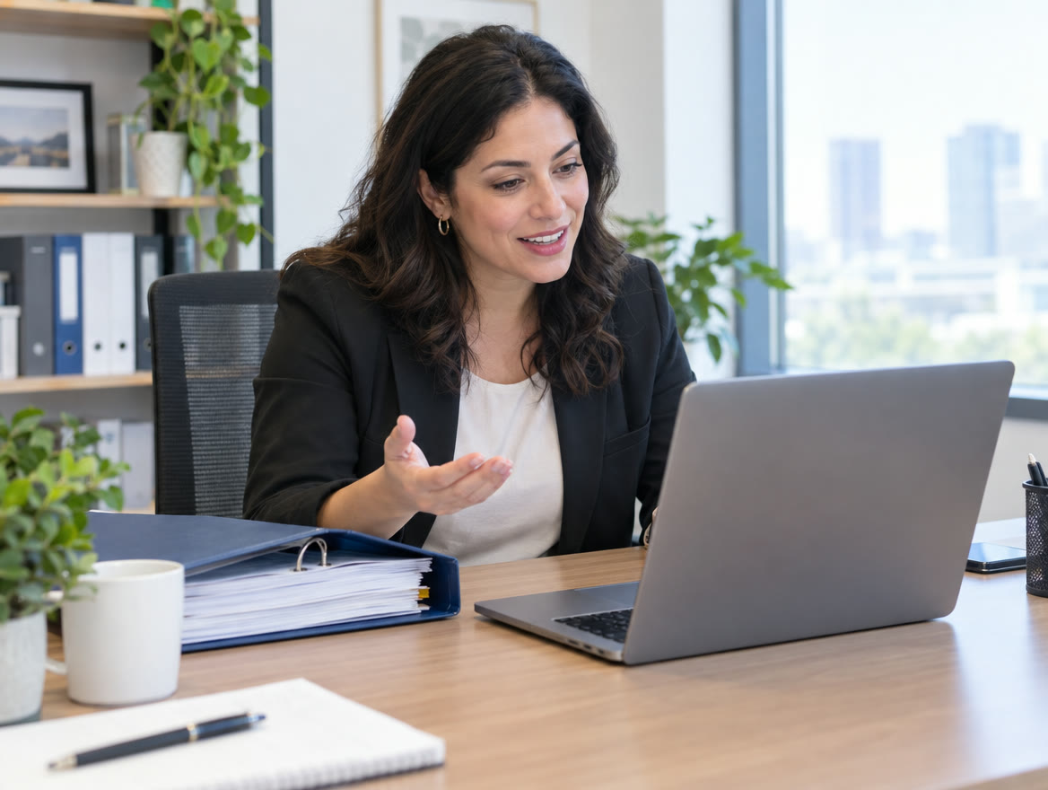 A lawyer asking a question of her files on a laptop