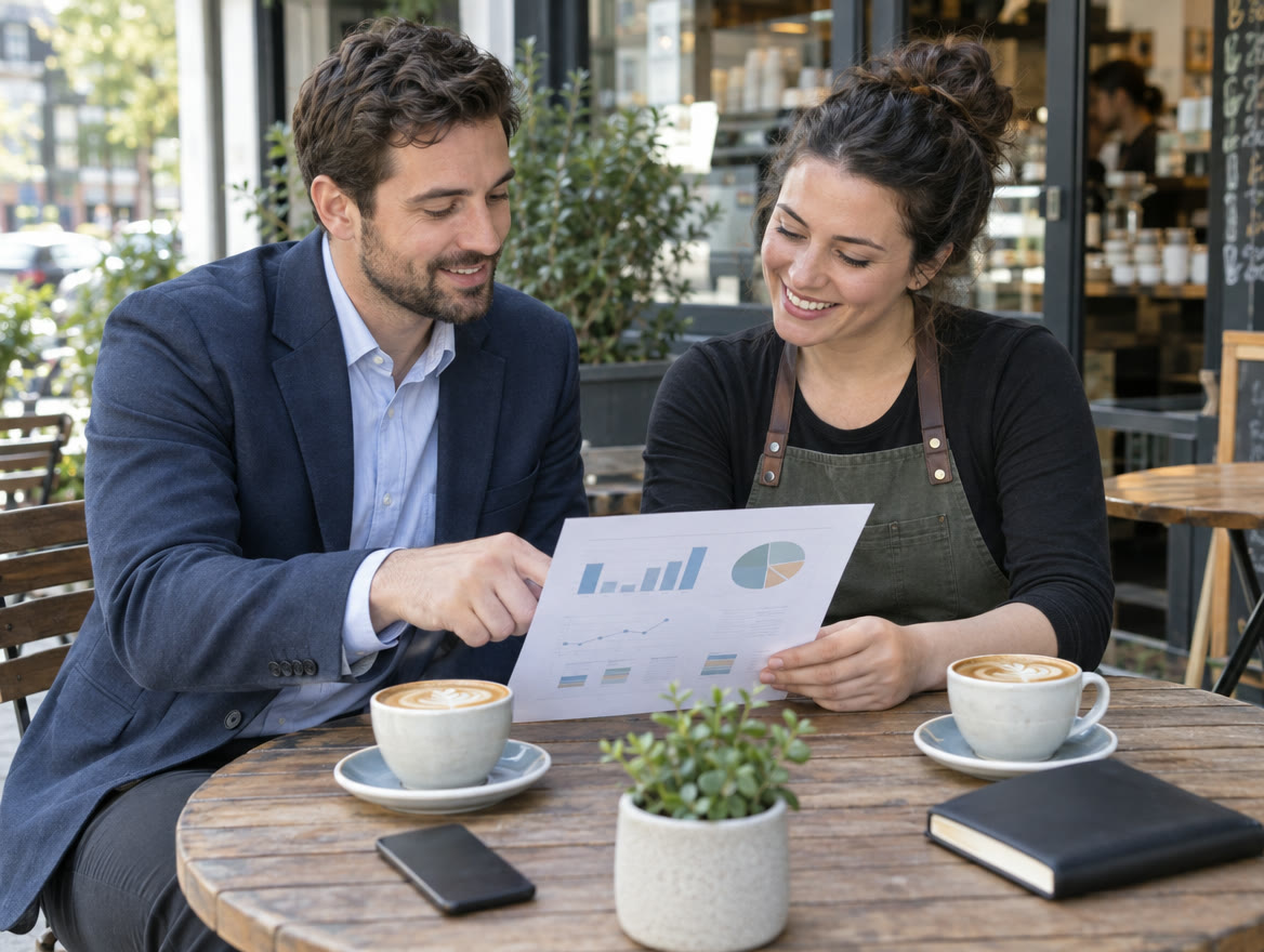 A consultant going through a monthly report with a cafe owner