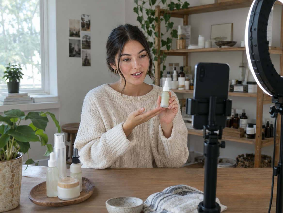 A skincare maker filming a product on her phone