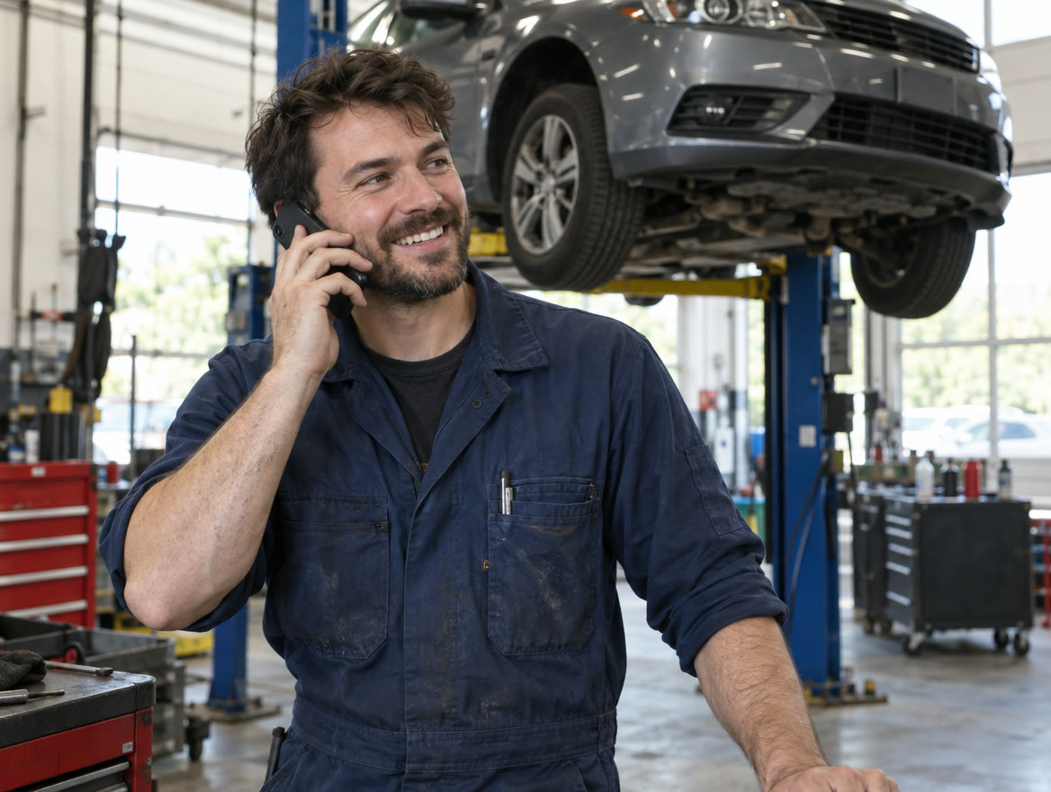 A mechanic on the phone in his workshop