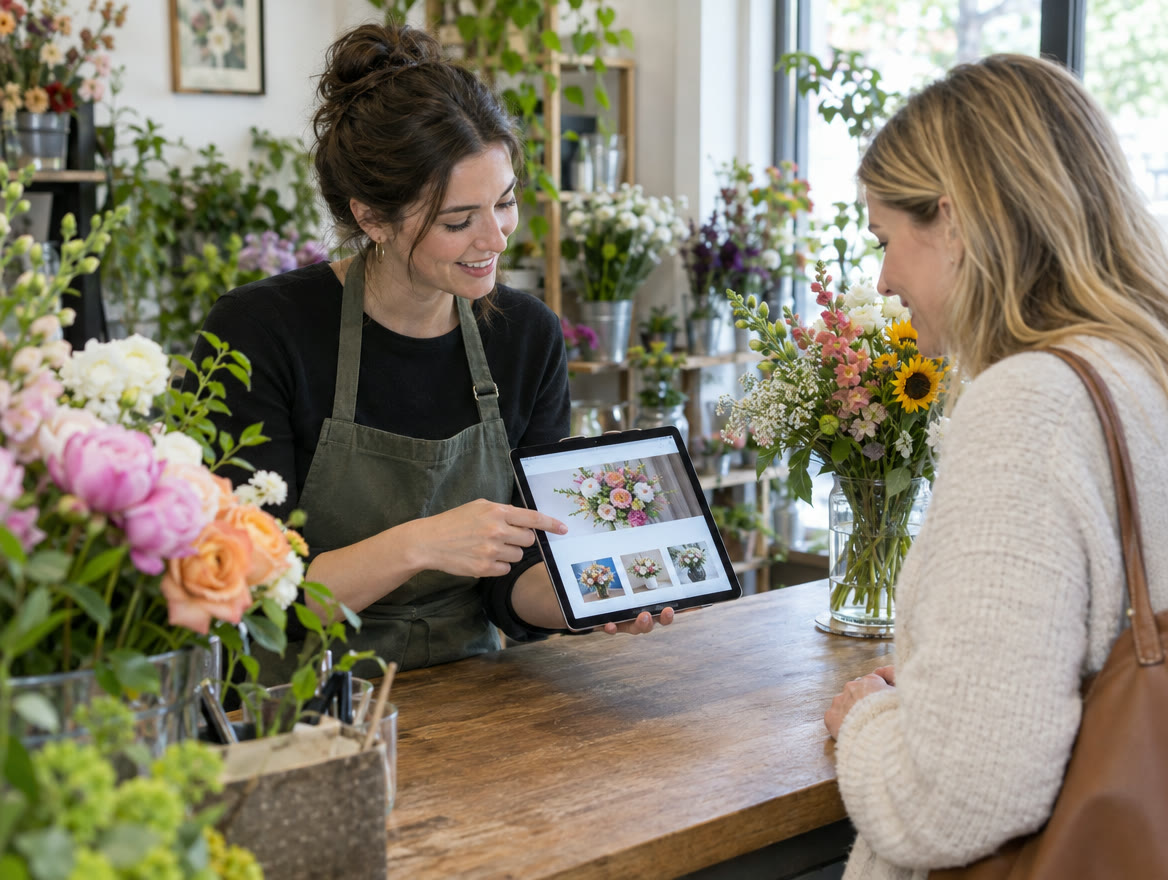 A florist showing a customer her new website on a tablet