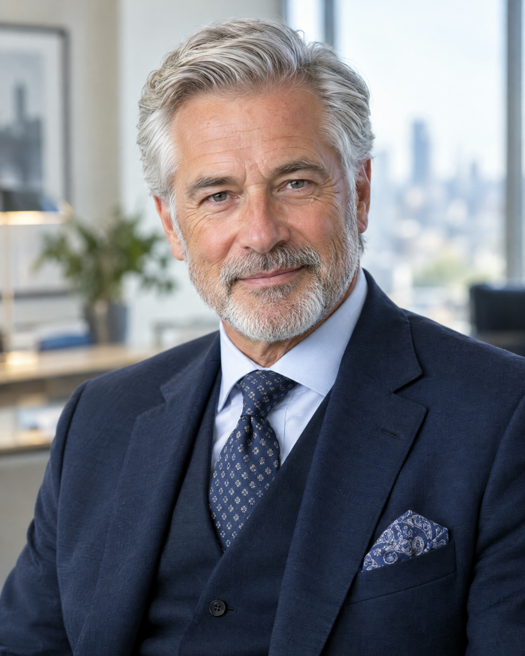 Sterling, a distinguished older gentleman in a navy three-piece suit