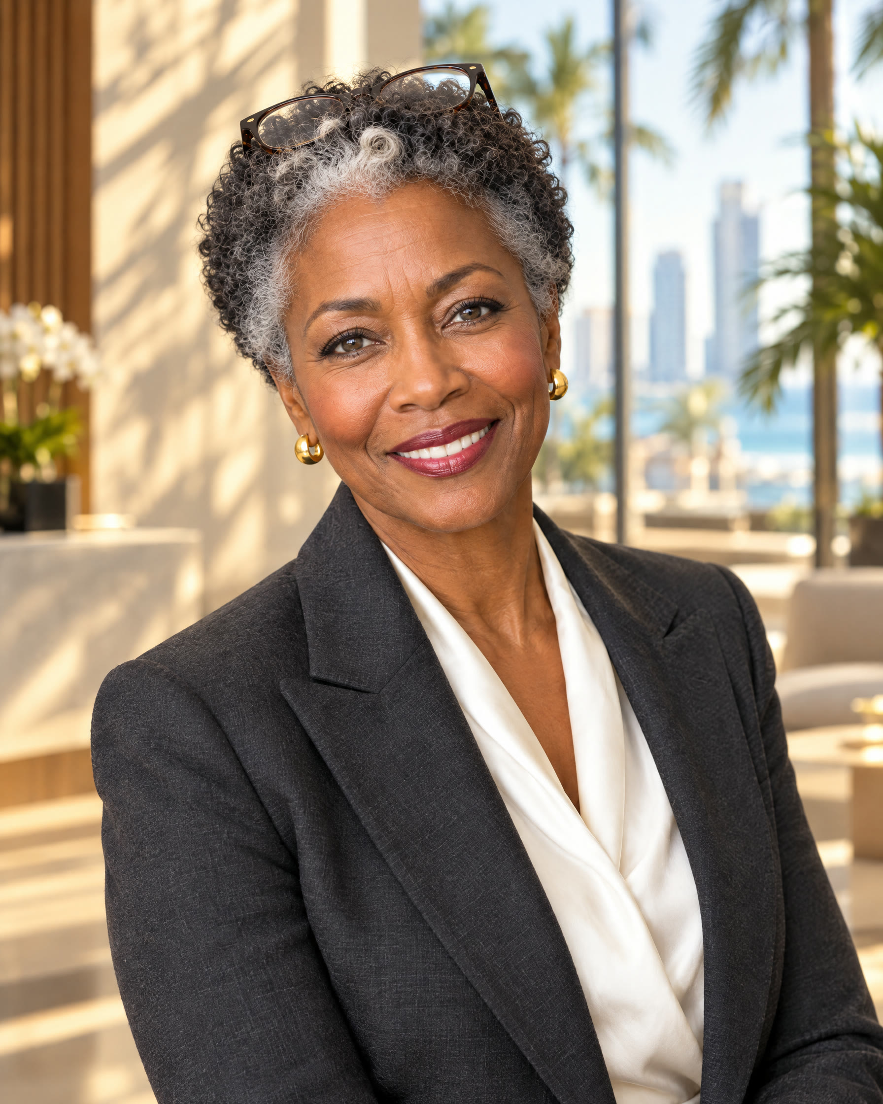 Vera, a warm, direct woman in a charcoal blazer, smiling